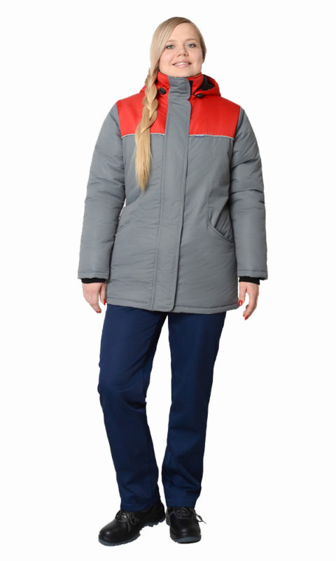 Г337 Куртка СНЕЖИНКА серая с красной отделкой женская, утепленная